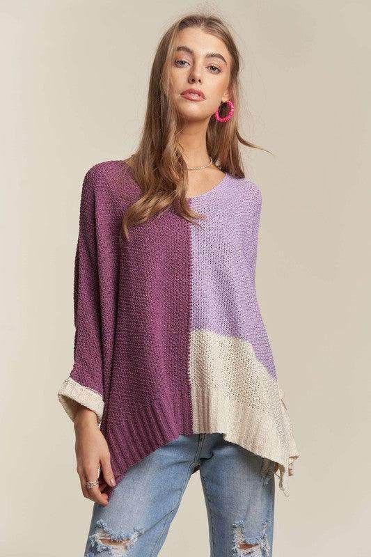 ADORA Side Slit Color Block Long Sleeve Sweater for Women - Selvanelle