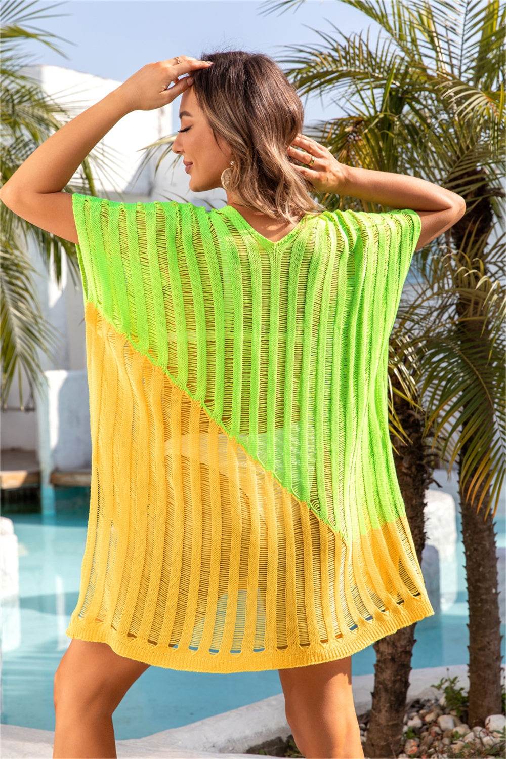 Angel Wings Slit Color Block V-Neck Cover Up - Selvanelle