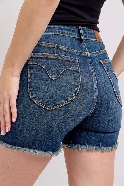 Judy Blue Tummy Control Fray Hem Denim Shorts for Women - Selvanelle