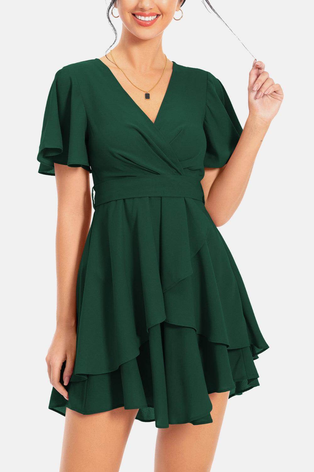 Surplice Neck Flutter Sleeve Dress for Chic Summer Style - Selvanelle