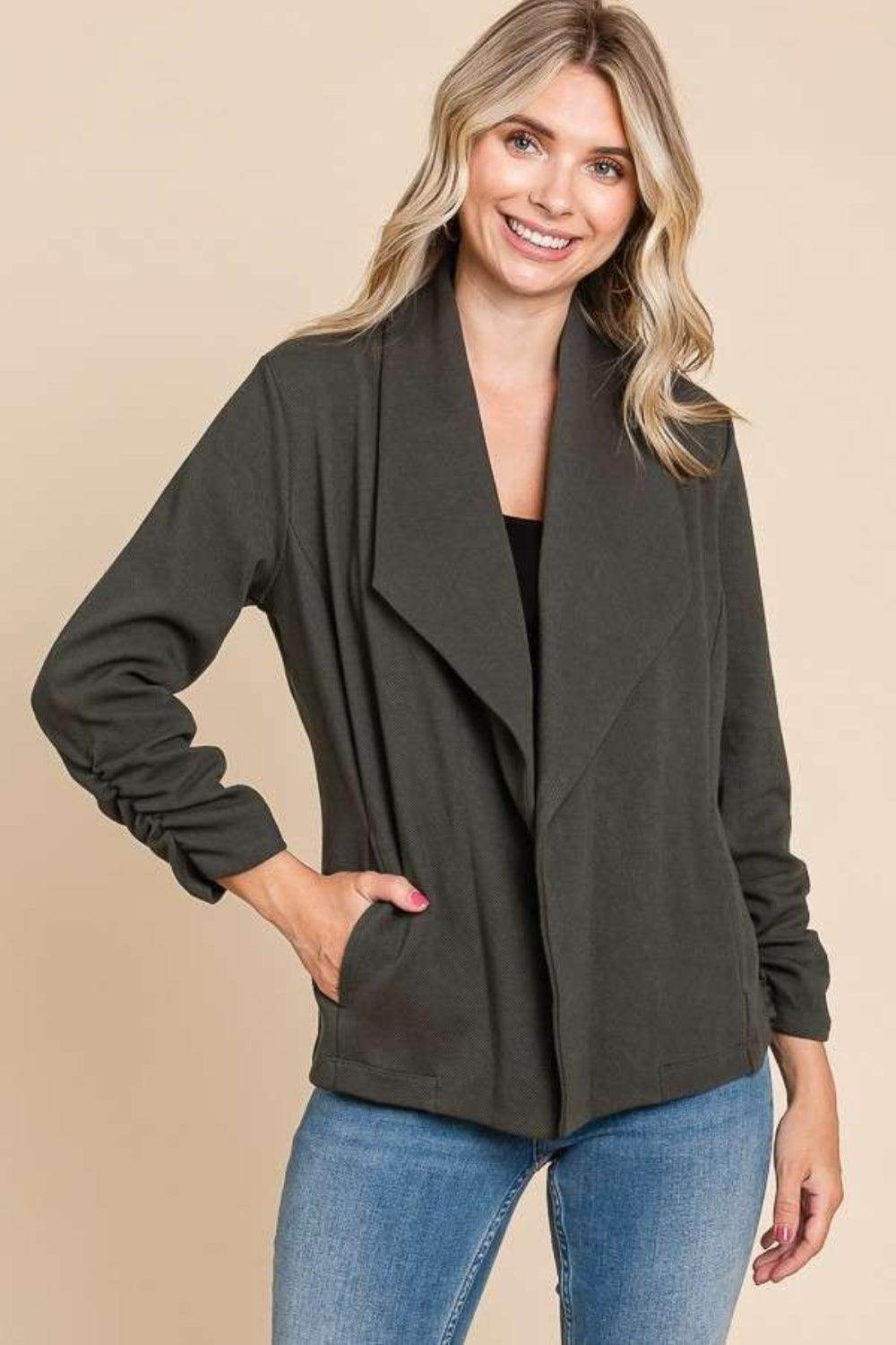 Culture Code Full Size Ruched Open Front Long Sleeve Jacket - Selvanelle