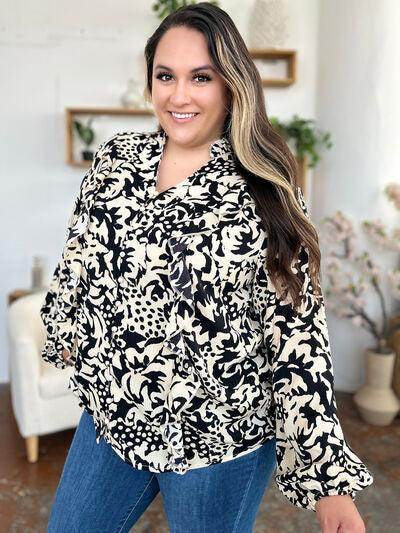 Double Take Full Size Printed Ruffle Trim Balloon Sleeve Shirt - Selvanelle