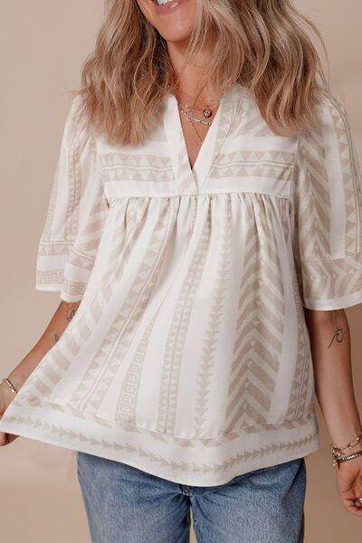 Geometric Jacquard Notched Half Sleeve Blouse for Women - Selvanelle