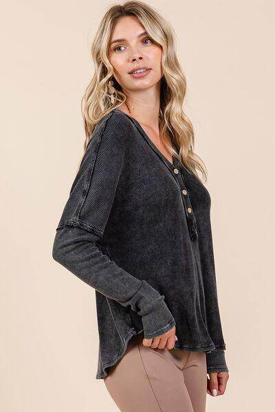 Mittoshop Washed V-Neck Long Sleeve Blouse for Women - Selvanelle