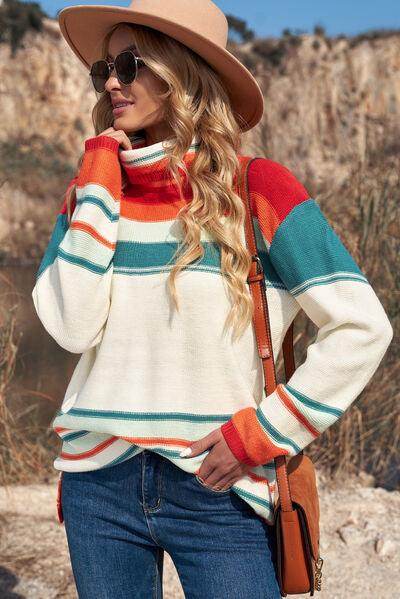 Contrast Striped Turtleneck Dropped Shoulder Sweater for Women - Selvanelle