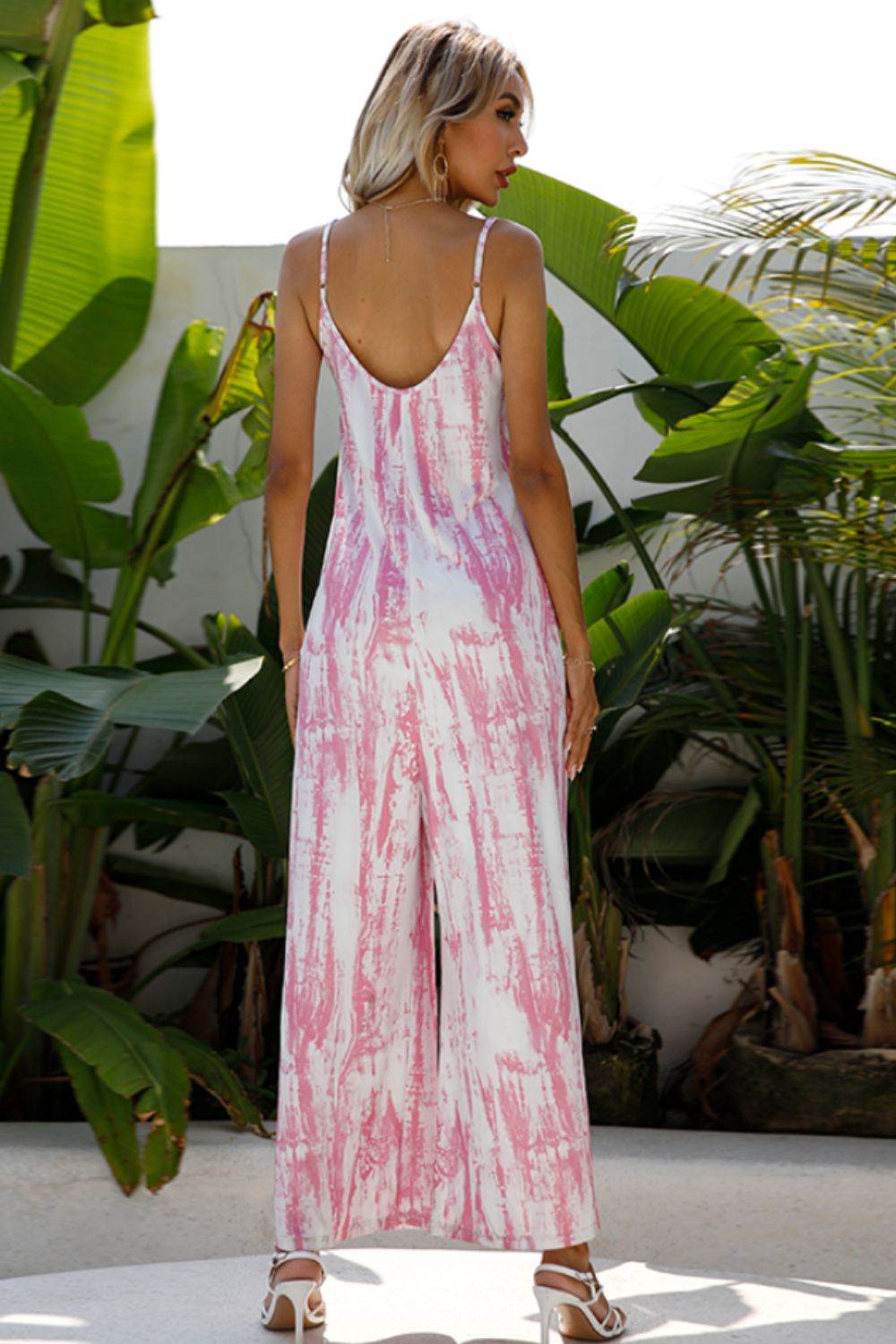 Shiny Tie-Dye Spaghetti Strap Jumpsuit with Pockets - Selvanelle