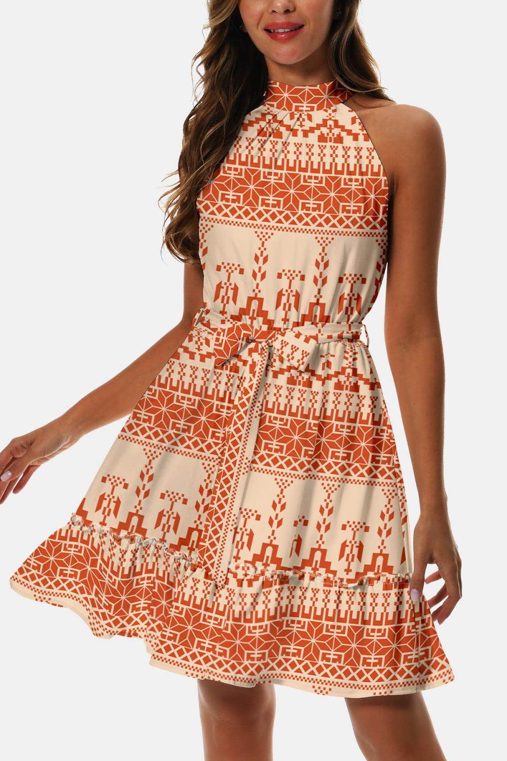 Printed Tie Waist Frill Trim Dress for Chic Summer Style - Selvanelle