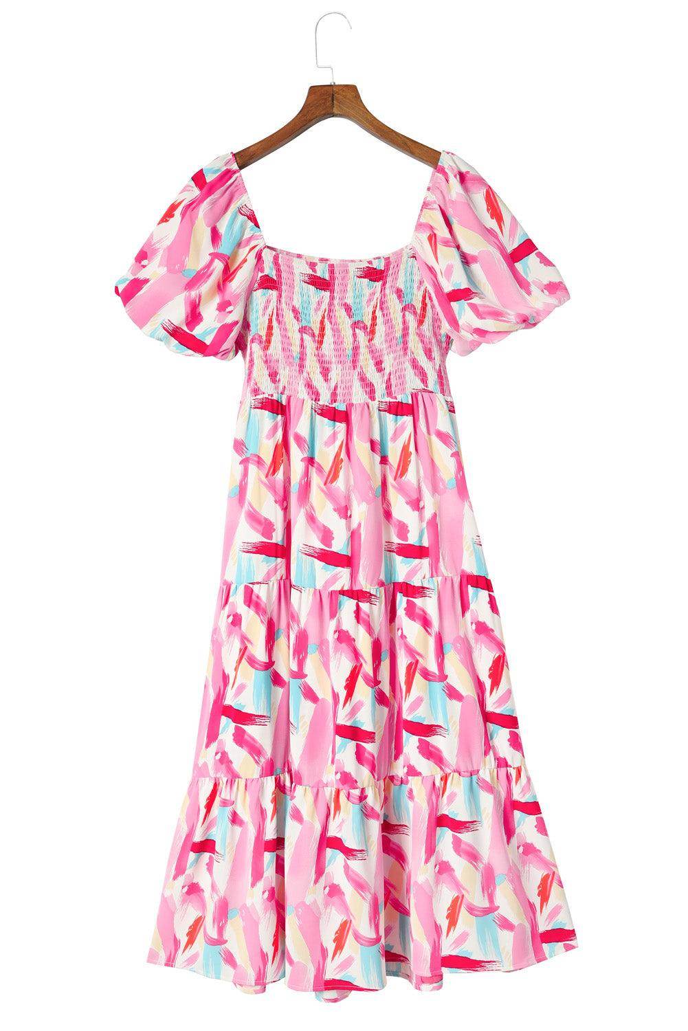 Chic Printed Square Neck Tied Smocked Dress for Women - Selvanelle