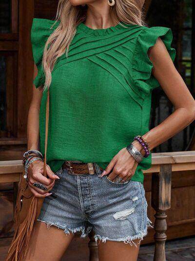 Ruffled Frill Mock Neck Cap Sleeve Blouse for Women - Selvanelle