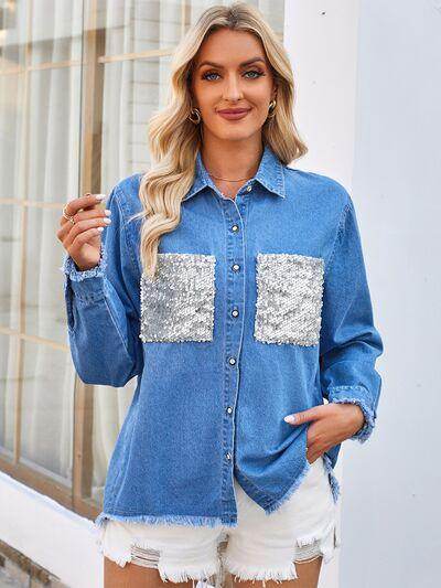 Raw Hem Button Up Long Sleeve Denim Jacket with Sequin Pockets - Selvanelle