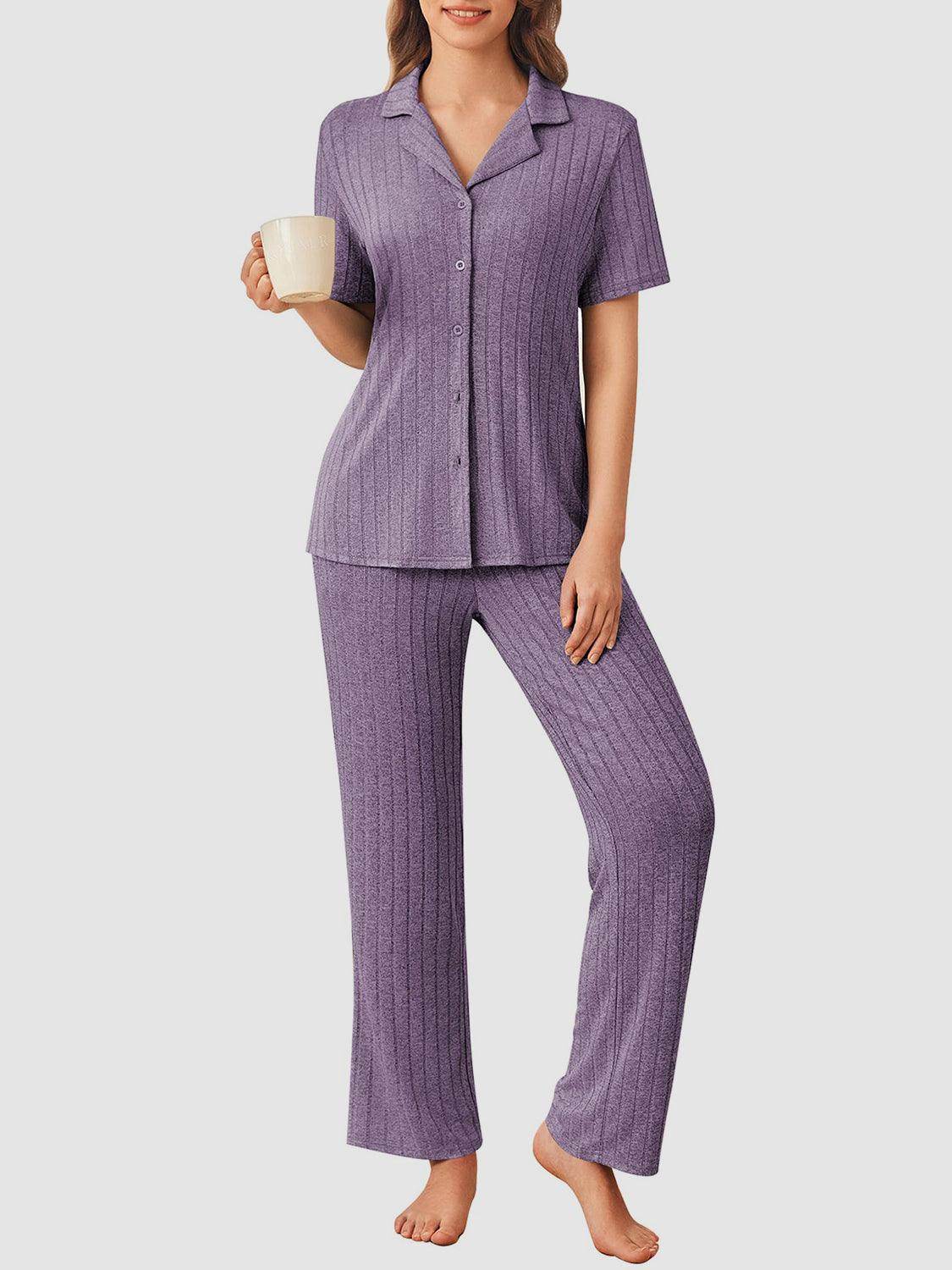 Button Down Long Sleeve Top and Pants Lounge Set for Women - Selvanelle