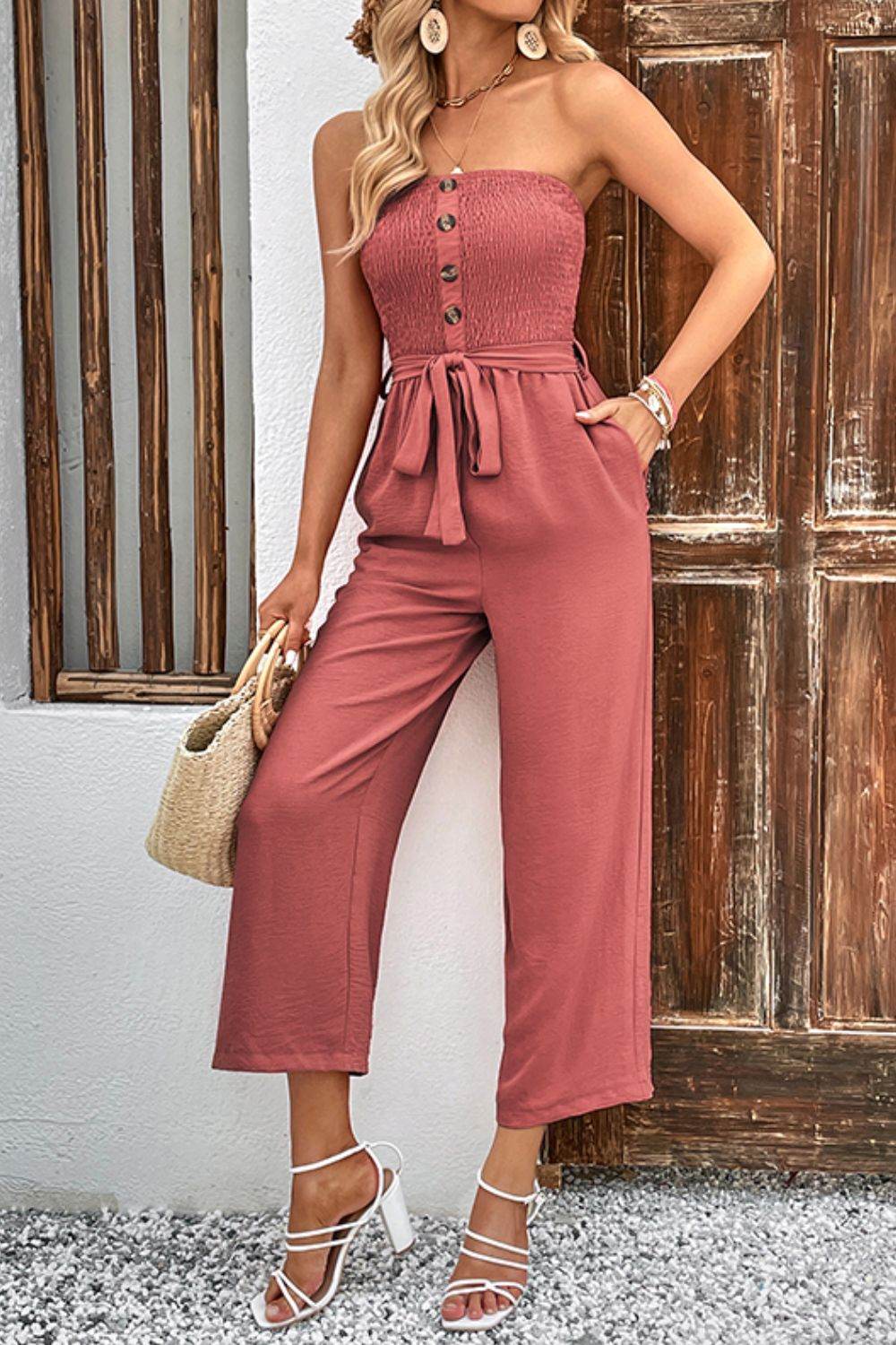Perfee Decorative Button Strapless Smocked Jumpsuit with Pockets - Selvanelle