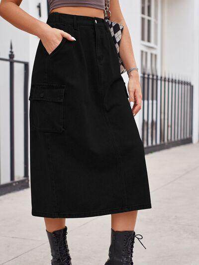 Slit Buttoned Denim Skirt with Pockets for Women - Selvanelle