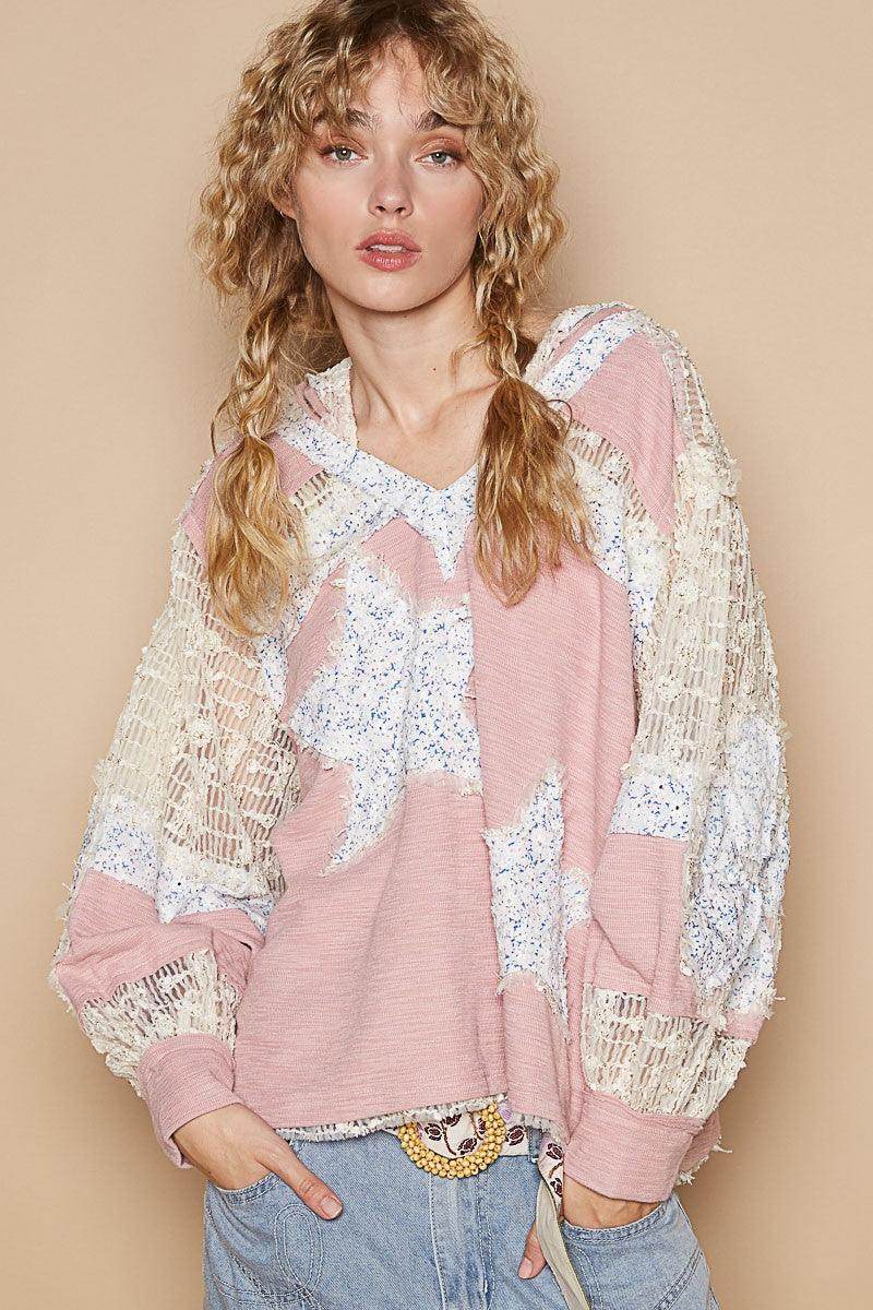 POL Star Patch Lace Long Sleeve Hooded Top for Women - Selvanelle