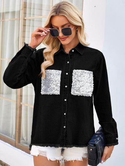 Raw Hem Button Up Long Sleeve Denim Jacket with Sequin Pockets - Selvanelle