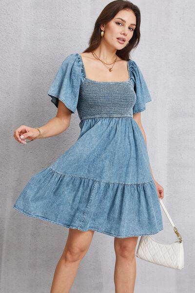 Smocked Square Neck Mini Denim Dress for Women Stylish - Selvanelle