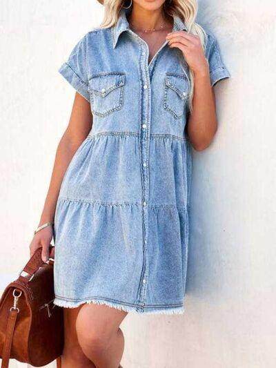 Raw Hem Short Sleeve Denim Dress for Casual Style - Selvanelle
