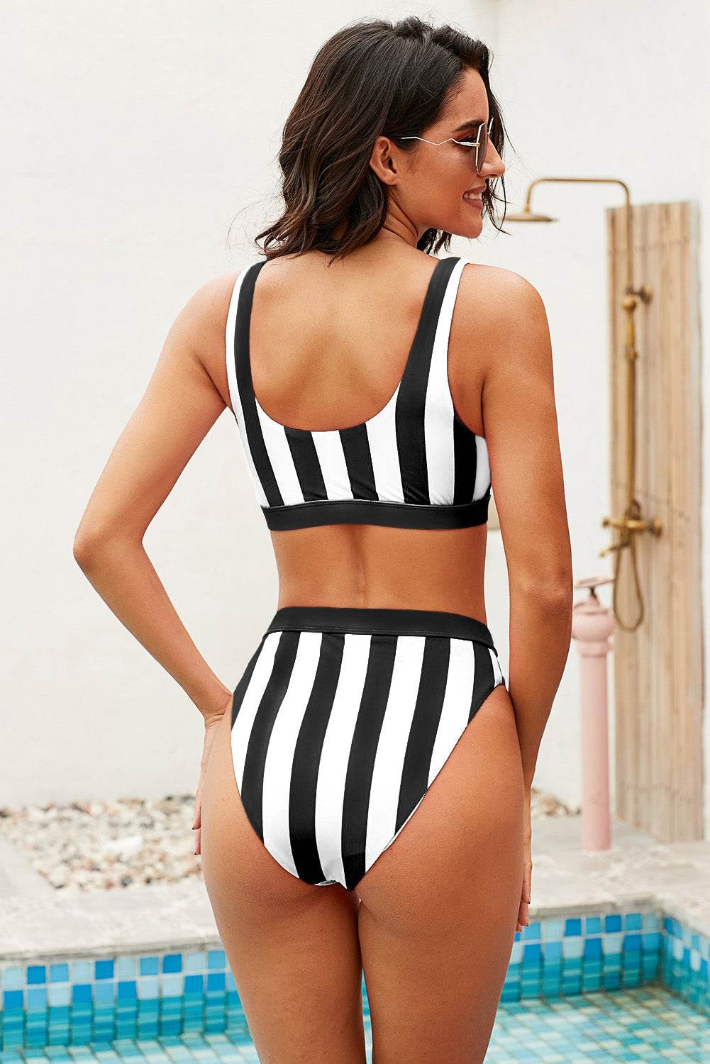 Striped Tank High Waist Bikini - Selvanelle