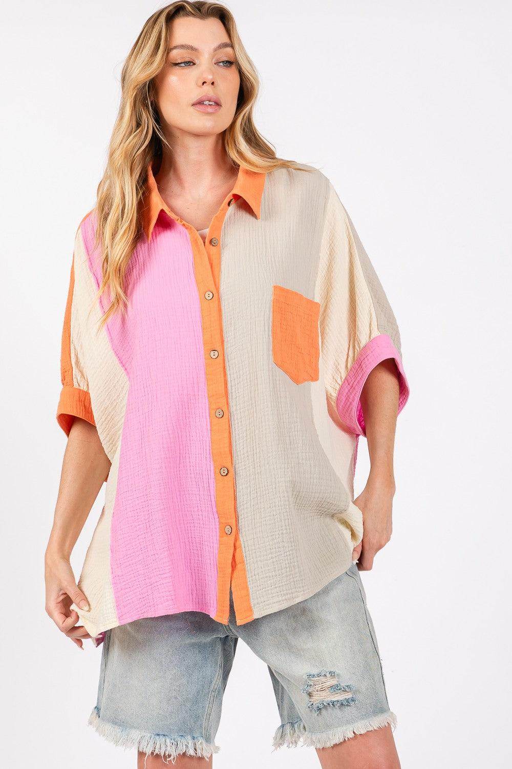 SAGE + FIG Full Size Color Block Button-Down Shirt for Women - Selvanelle