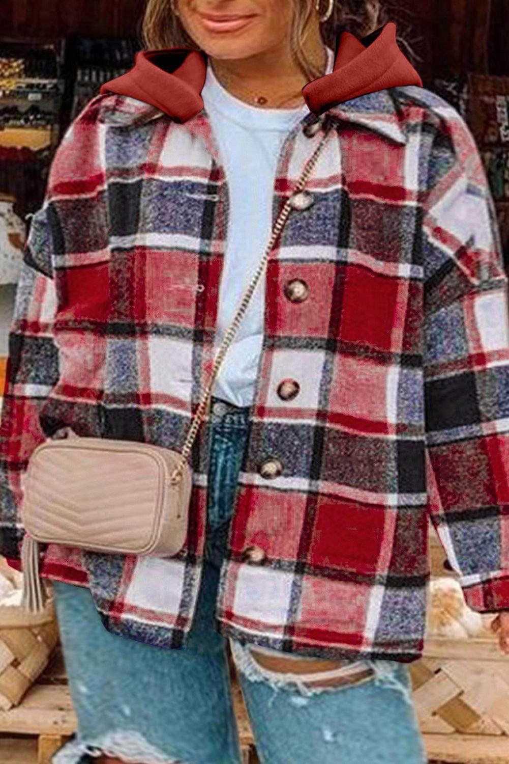 Plus Size Plaid Button Up Hooded Jacket for Women - Selvanelle