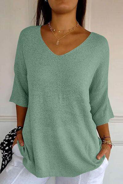 V-Neck Three-Quarter Sleeve Knit Top for Women Casual Wear - Selvanelle