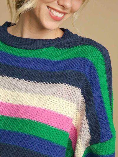 Contrast Striped Round Neck Long Sleeve Sweater for Women - Selvanelle