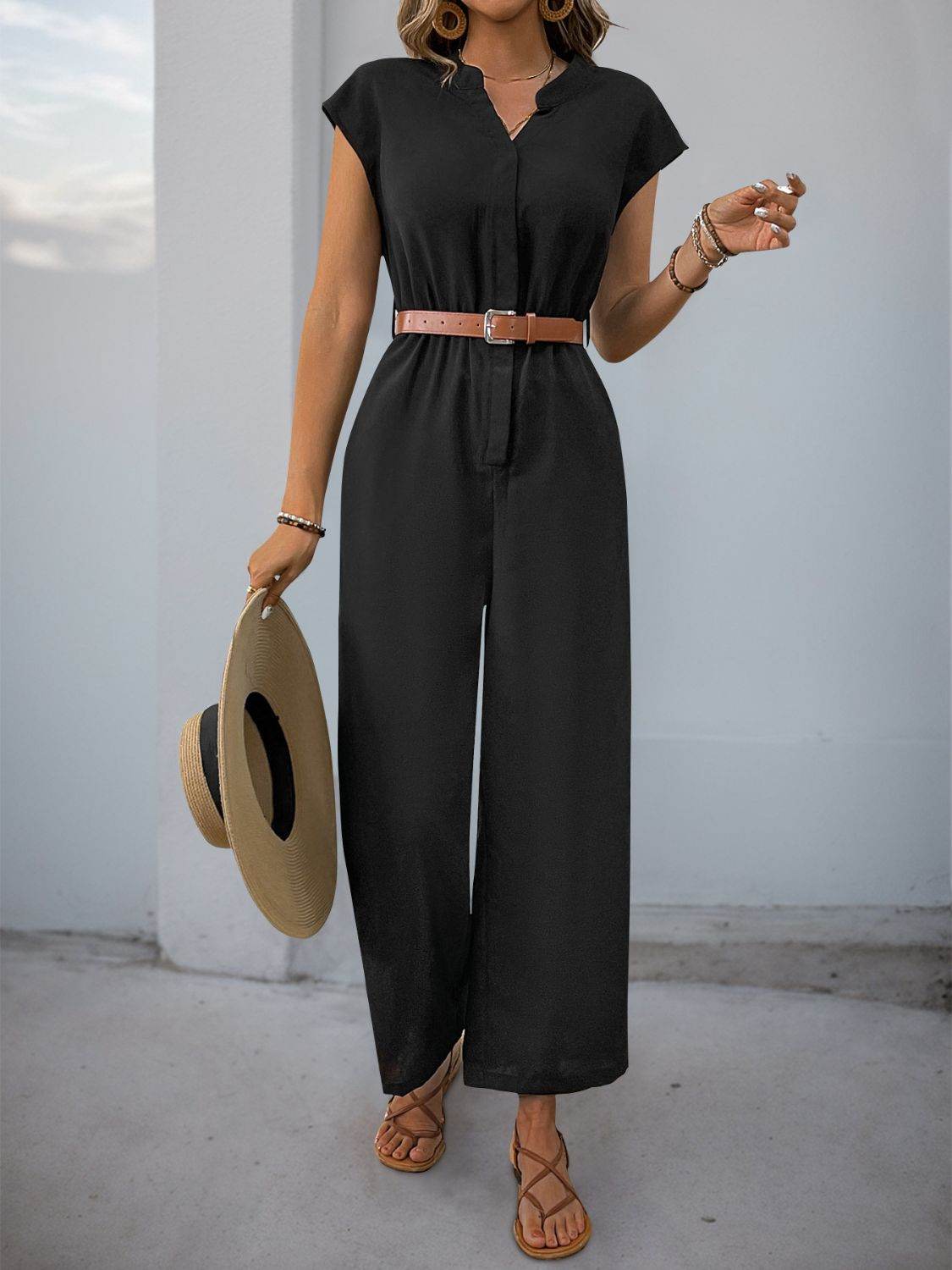Perfee Notched Wide Leg Jumpsuit - Selvanelle