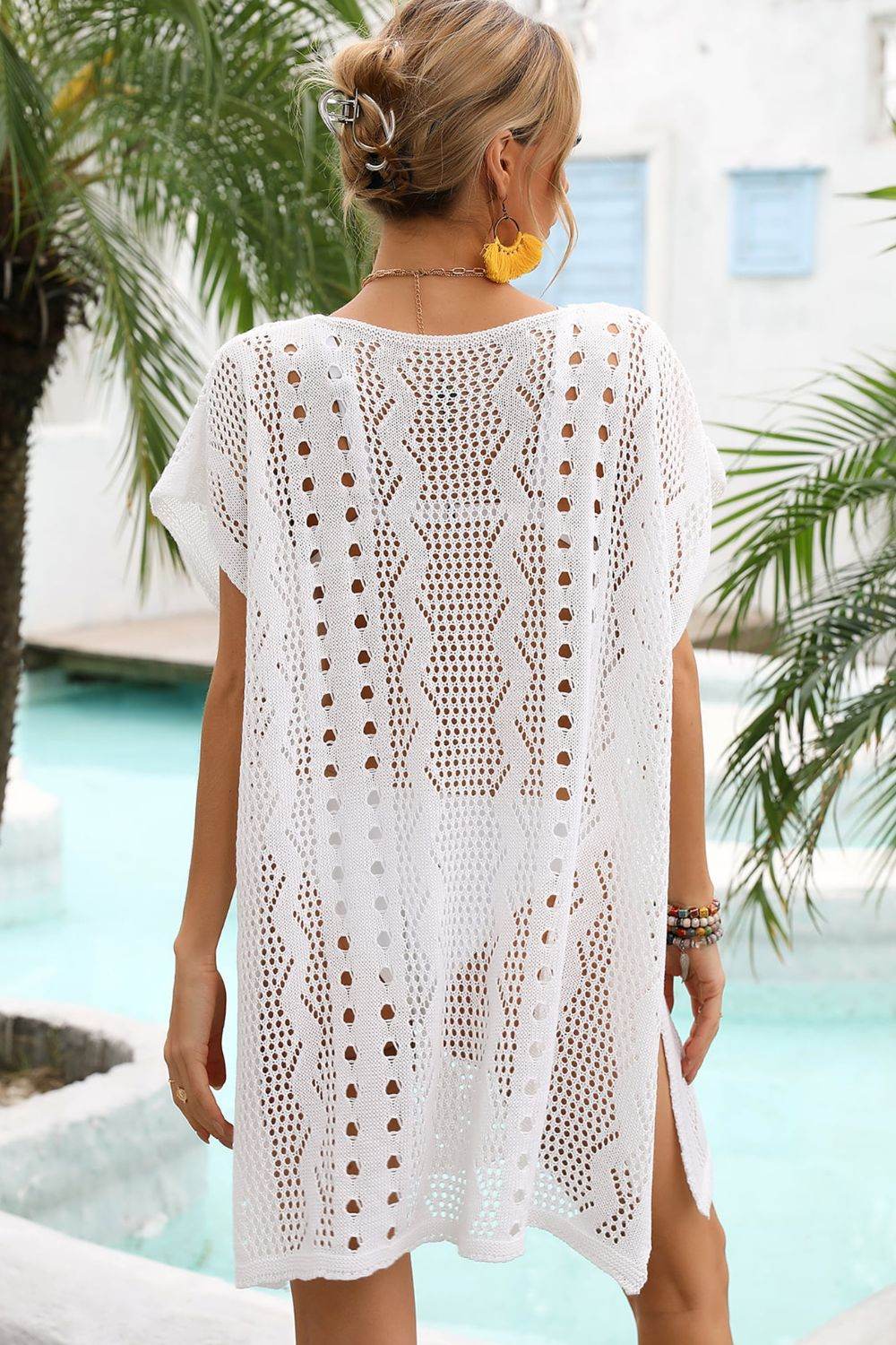 Angel Wings Openwork Plunge Dolman Sleeve Cover-Up Dress - Selvanelle
