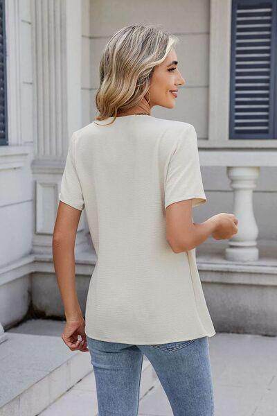 Solid Color Surplice Short Sleeve Blouse for Women - Selvanelle
