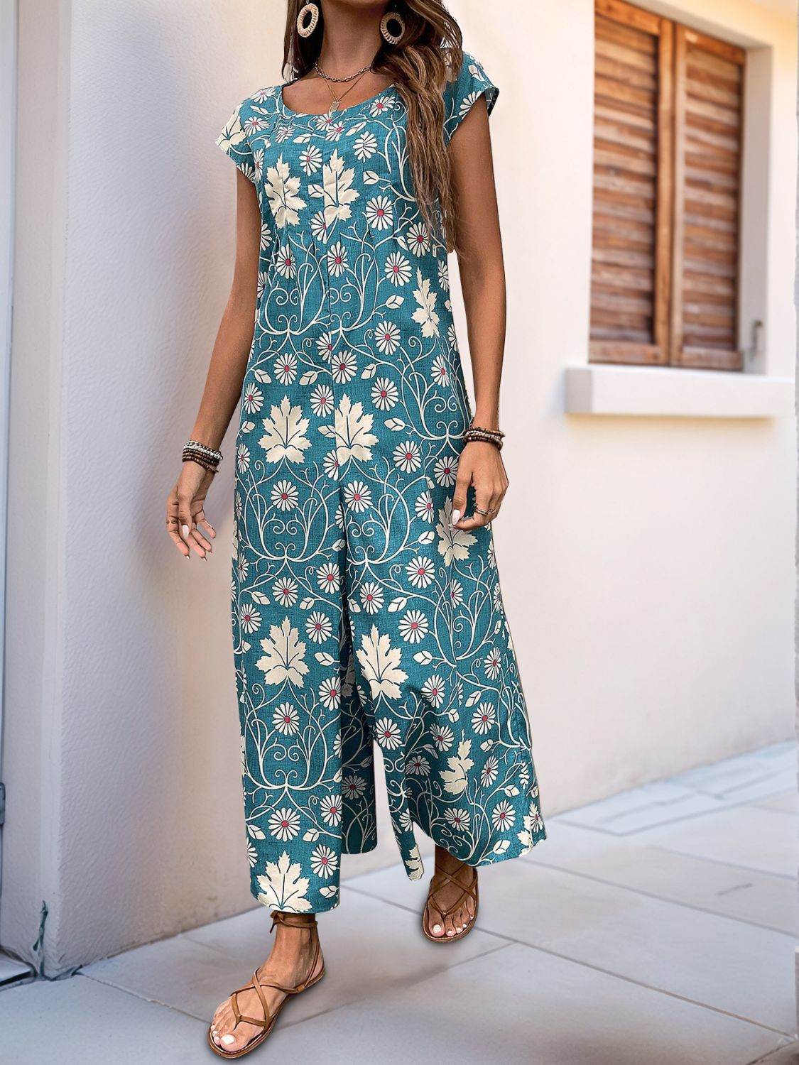 Perfee Printed Round Neck Cap Sleeve Wide Leg Jumpsuit - Selvanelle