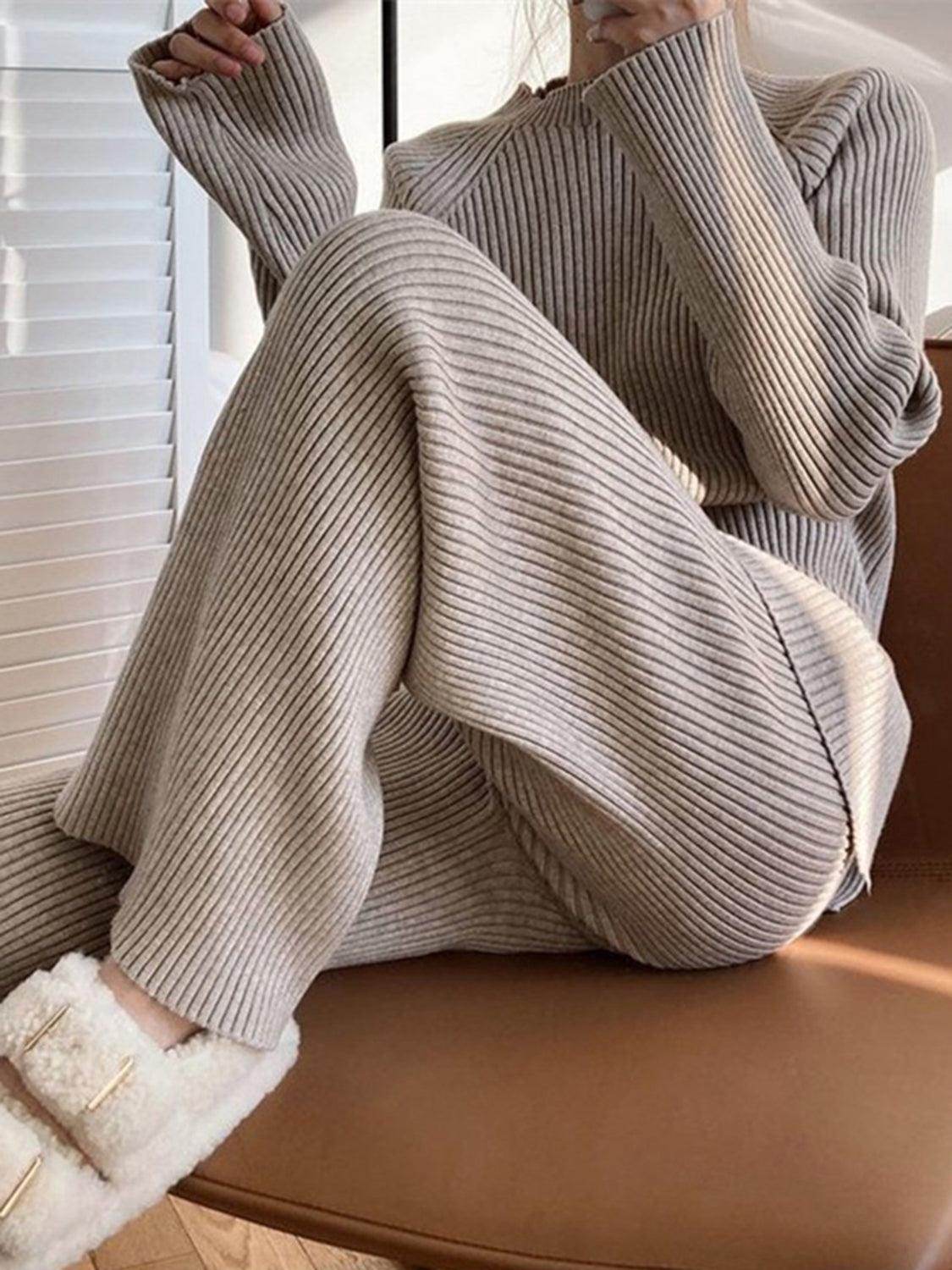 Mock Neck Raglan Sleeve Top and Pants Sweater Set for Women - Selvanelle