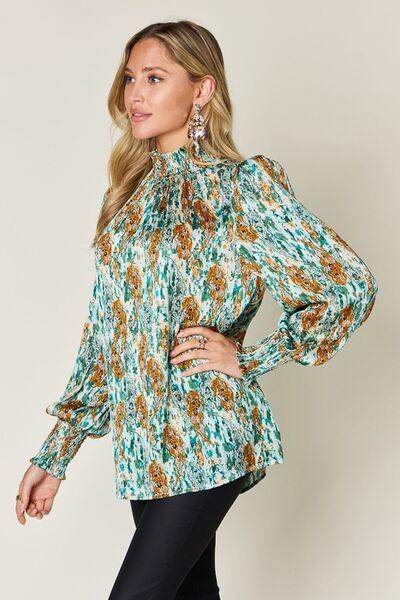 Double Take Full Size Printed Smocked Long Sleeve Blouse - Selvanelle