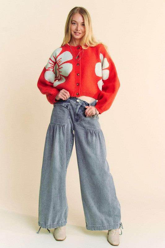 Davi & Dani Flower Contrast Round Neck Long Sleeve Cardigan - Selvanelle