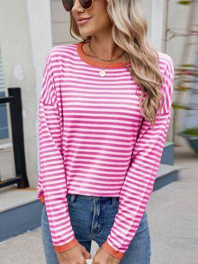 Striped Contrast Round Neck Long Sleeve Sweater for Women - Selvanelle