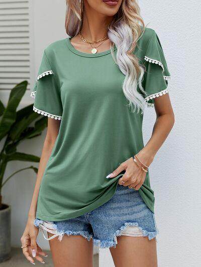 Pom-Pom Trim Flutter Sleeve Round Neck T-Shirt for Women - Selvanelle
