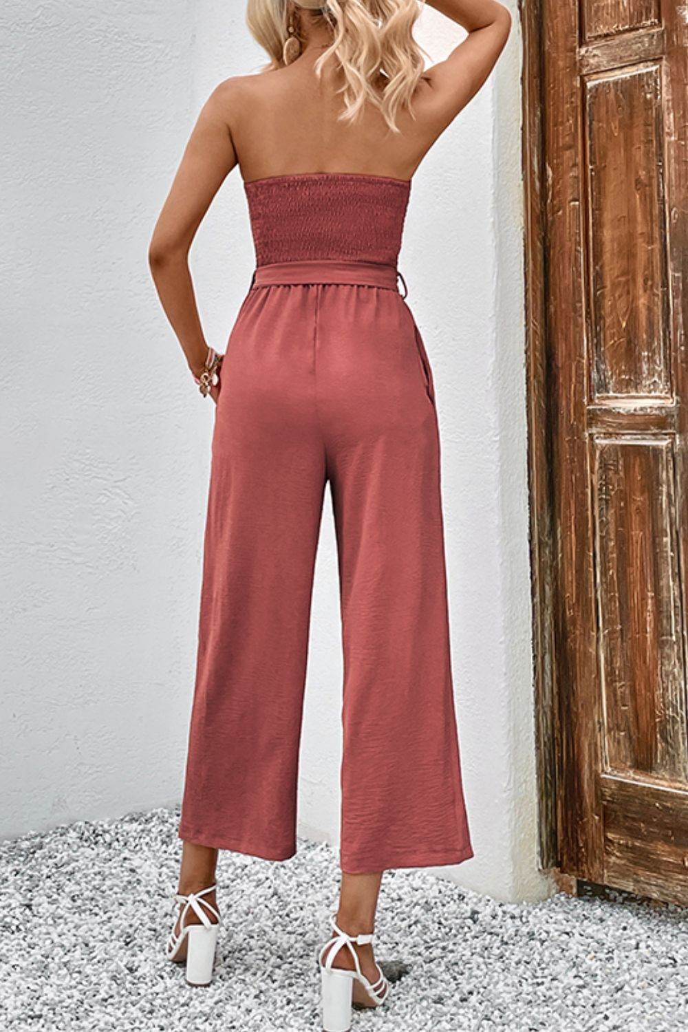 Perfee Decorative Button Strapless Smocked Jumpsuit with Pockets - Selvanelle