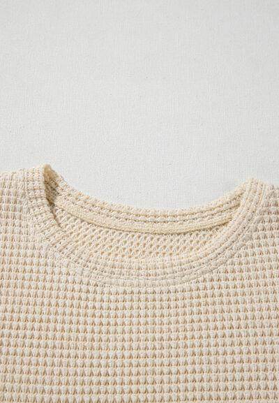 Waffle-Knit Printed Round Neck Flounce Sleeve Blouse for Women - Selvanelle