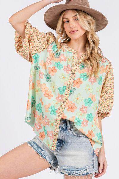 SAGE+FIG Button Down Bubble Sleeves Shirt for Women - Selvanelle