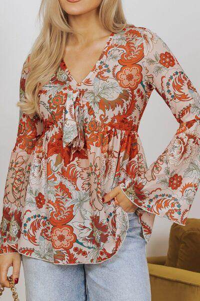 Floral V-Neck Flare Sleeve Blouse for Women Casual Style - Selvanelle