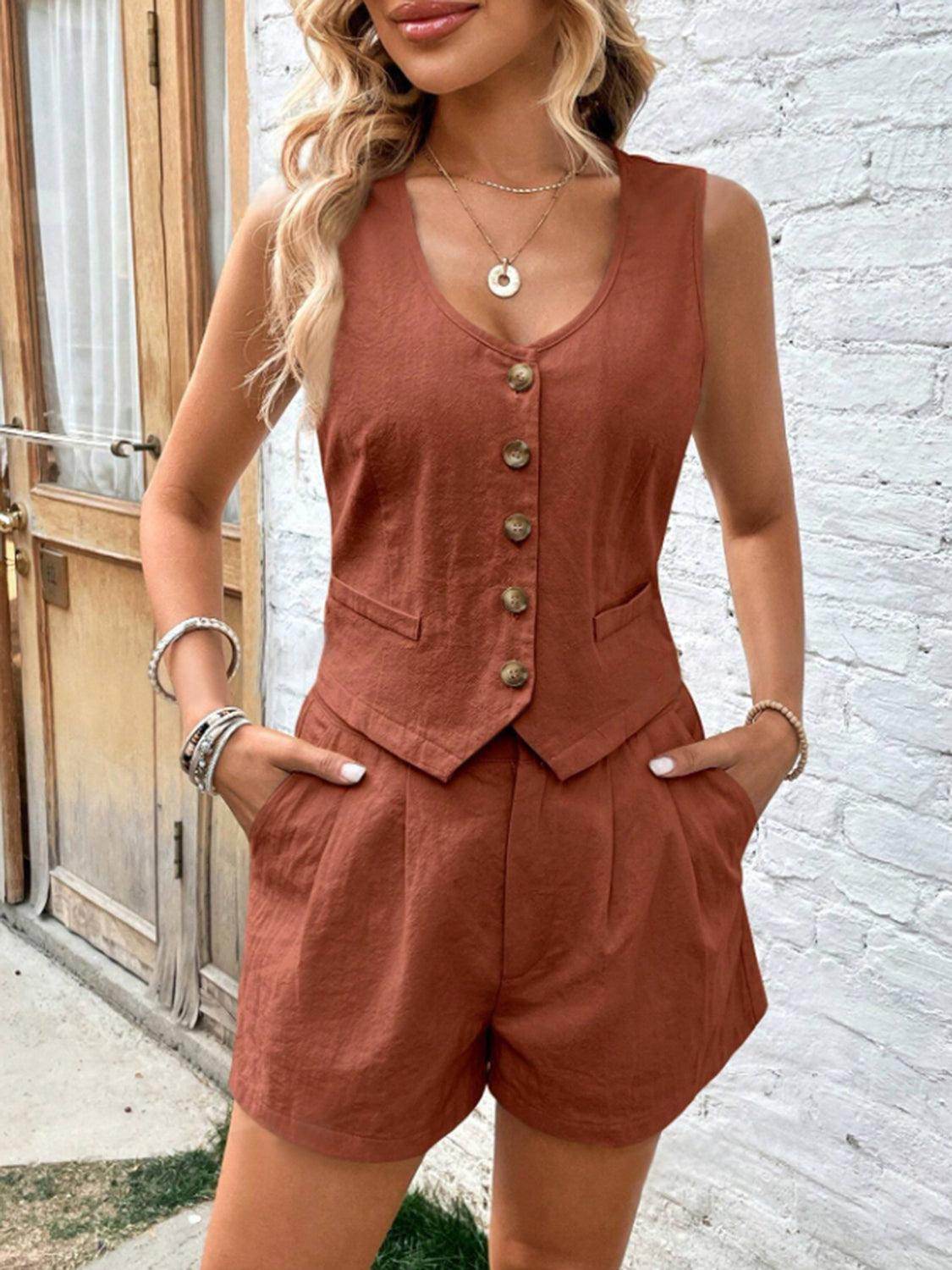 Scoop Neck Sleeveless Top and Shorts Set for Women - Selvanelle