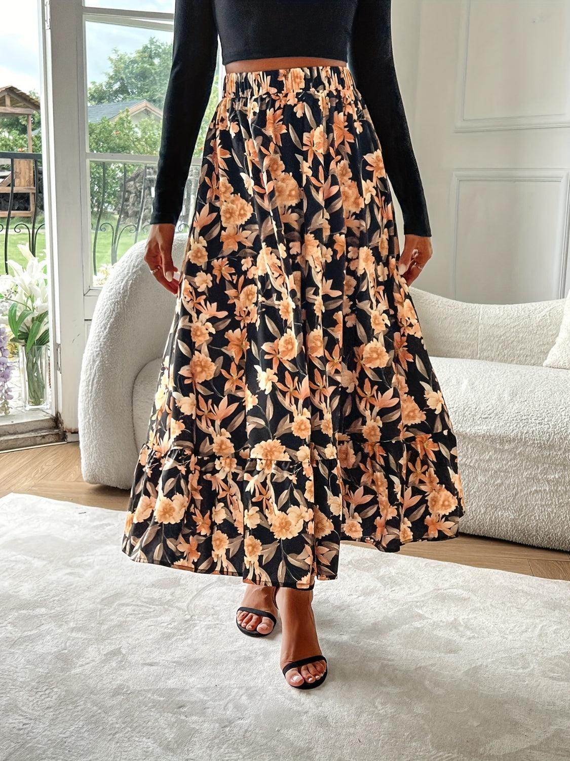 Floral Elastic Waist Midi Skirt for Effortless Style - Selvanelle