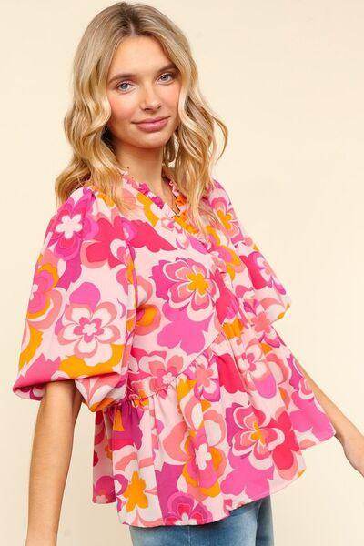 Haptics Full Size Frill Floral Puff Sleeve Blouse Chic - Selvanelle
