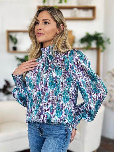 Double Take Full Size Printed Smocked Long Sleeve Blouse - Selvanelle
