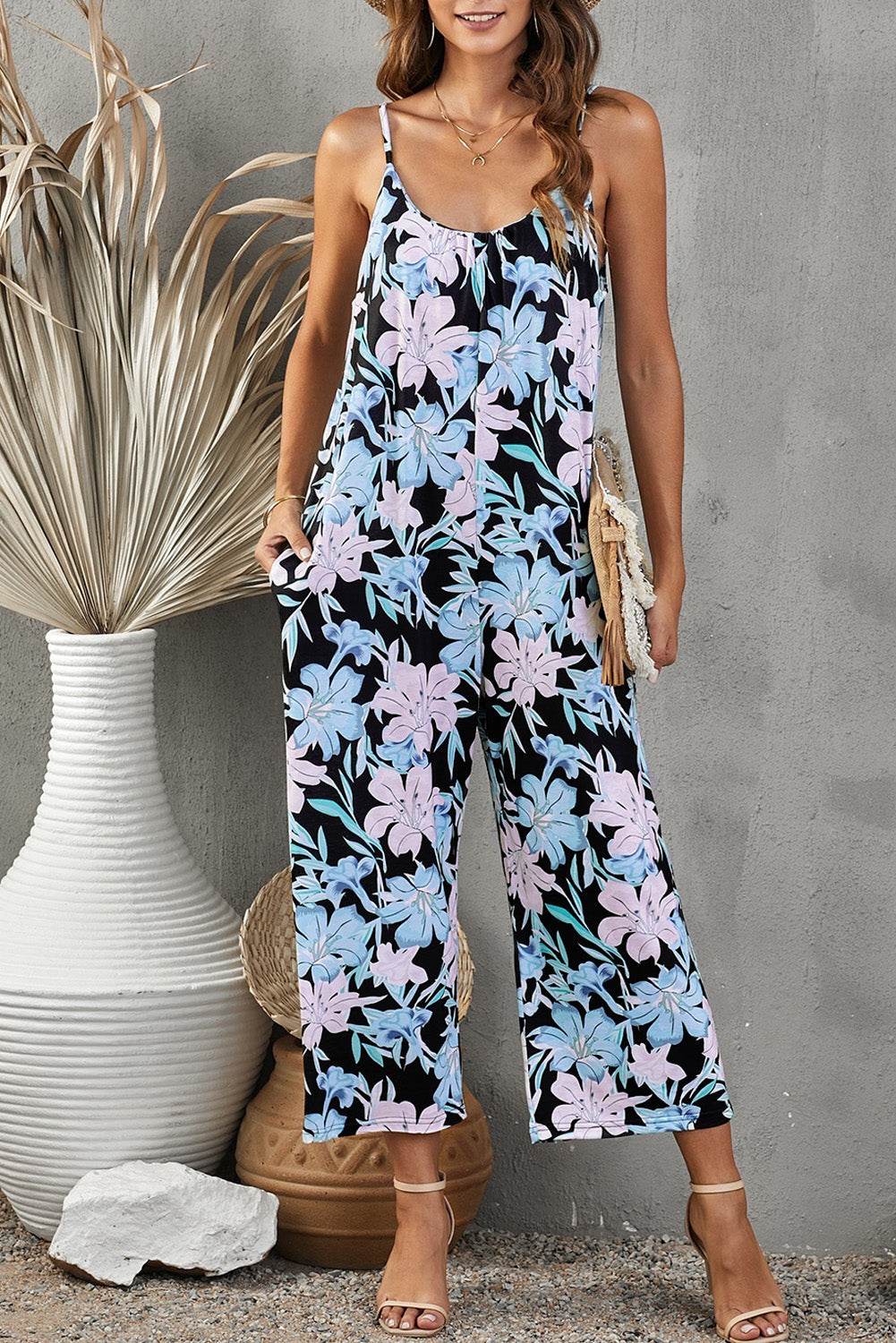 Botanical Print Spaghetti Strap Cropped Jumpsuit - Selvanelle