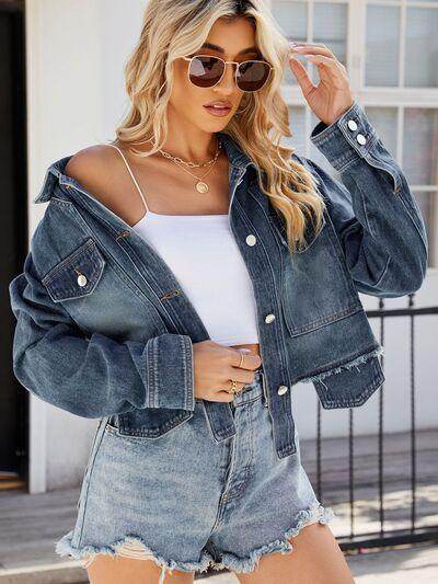 Button Up Long Sleeve Denim Jacket with Pockets for Women - Selvanelle