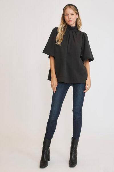 Umgee Bow Tie Back Mock Neck Half Sleeve Blouse for Women - Selvanelle