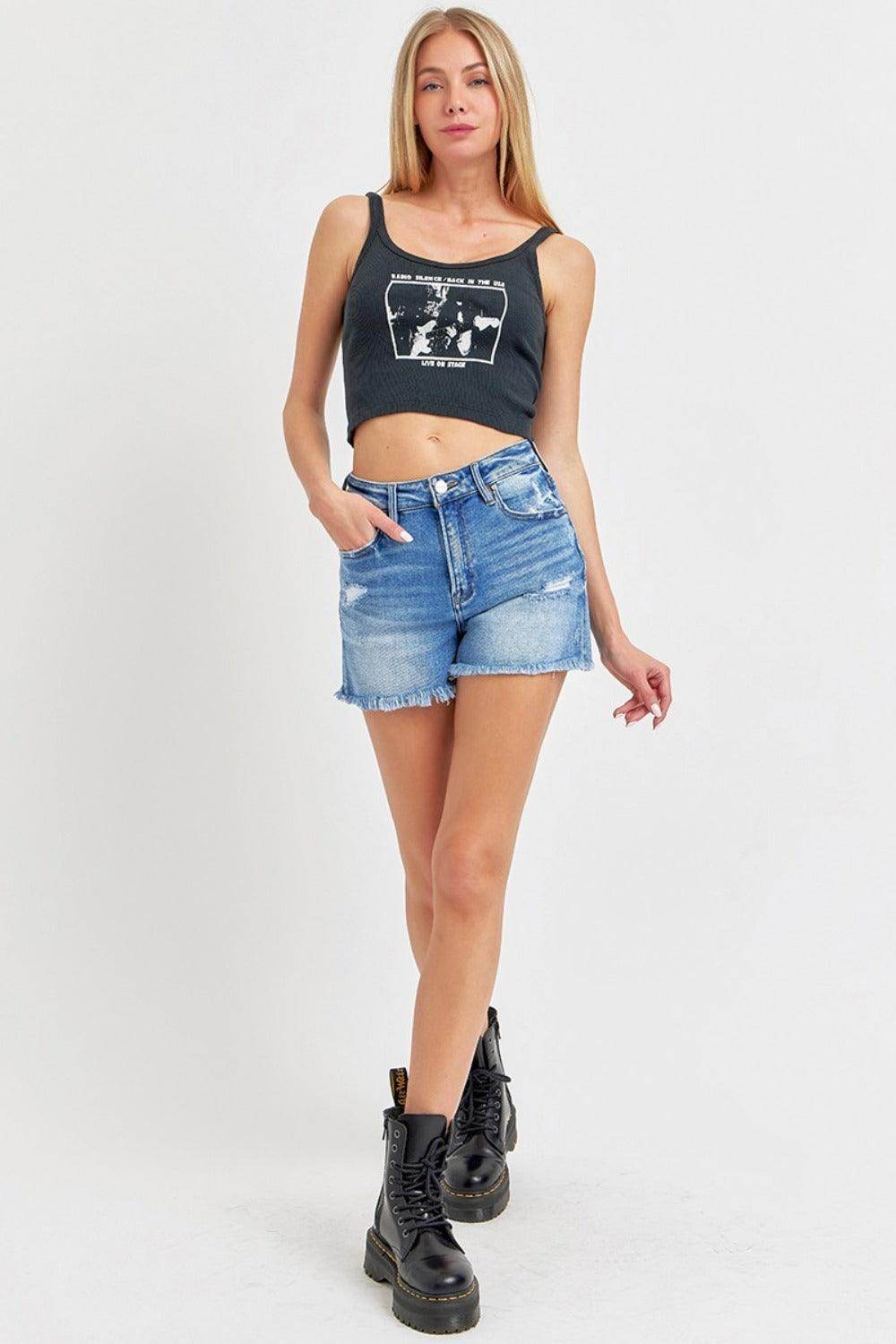 RISEN Full Size High Rise Distressed Raw Hem Denim Shorts - Selvanelle