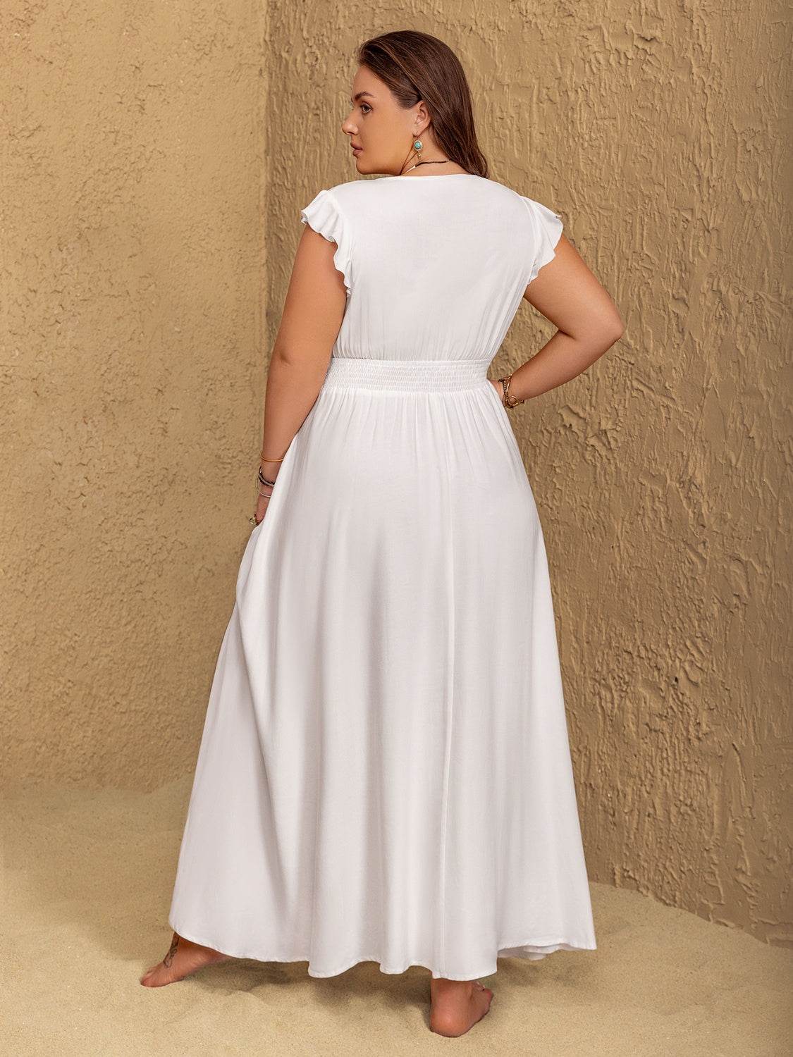 Plus Size Embroidered Floral V-Neck Cap Sleeve Maxi Dress - Selvanelle