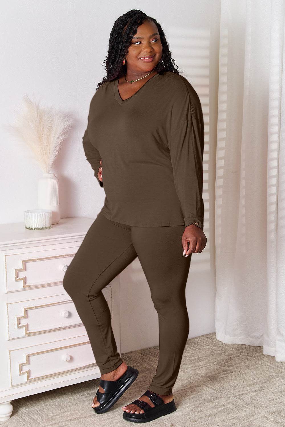 Basic Bae Bamboo Full Size V-Neck Long Sleeve Top and Pants Lounge Set - Selvanelle