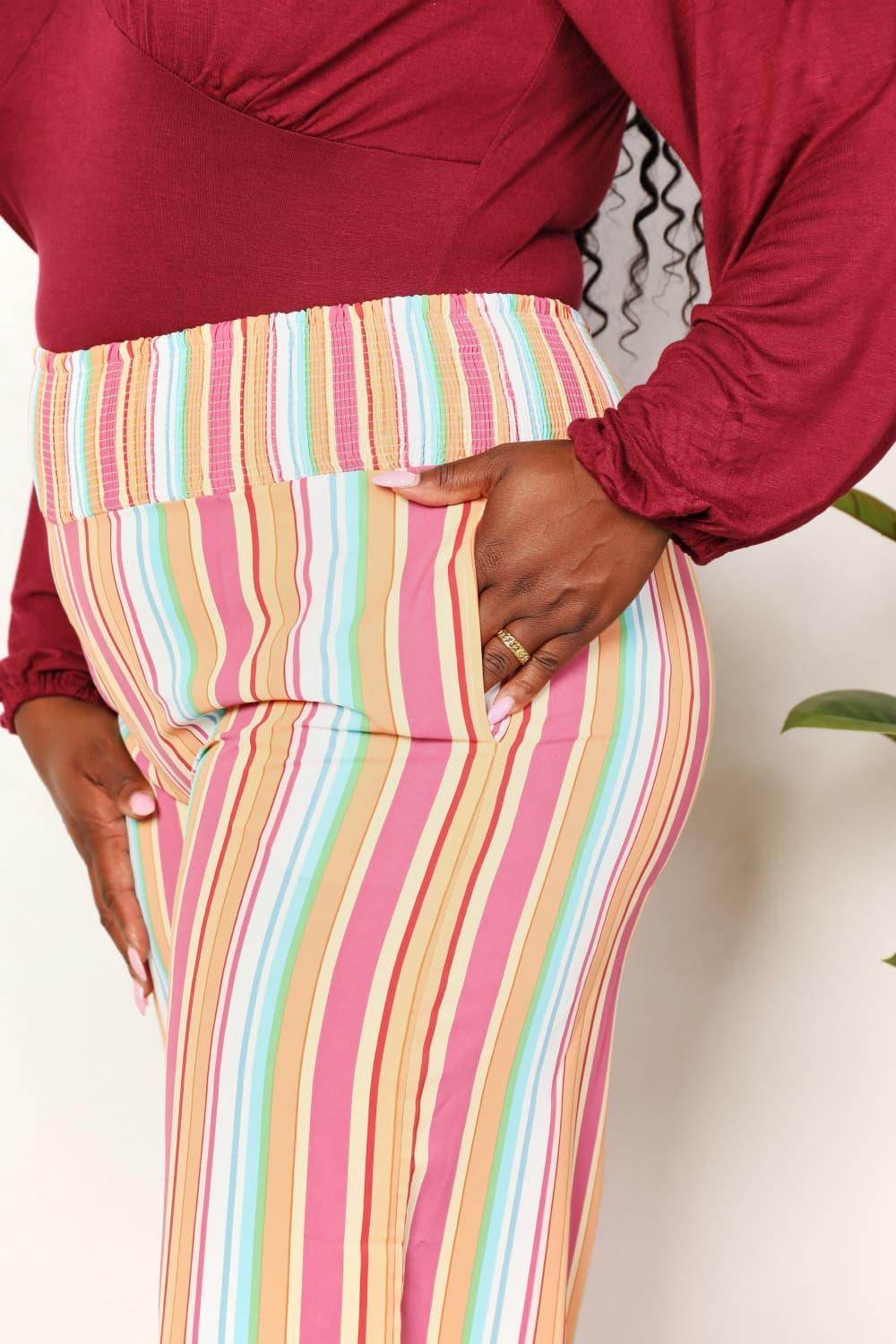 Double Take Striped Smocked Waist Pants with Pockets Stylish - Selvanelle